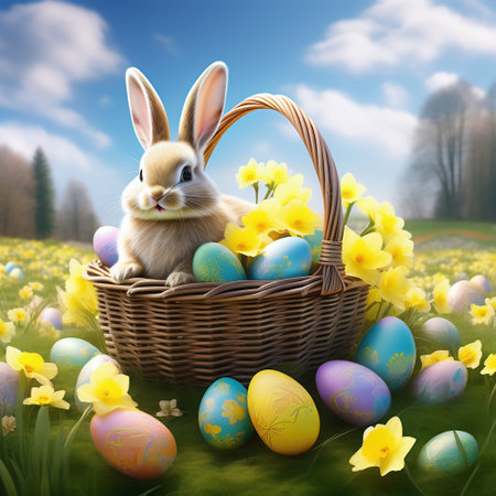 Easter bunny in an Easter basket with Easter eggs on a green meadow. Daffodils are blooming yellow. Easter generated with AI. illustrationの素材