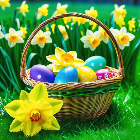 Easter basket with Easter eggs on a green meadow. Daffodils are blooming yellow. Easter generated with AI. illustrationの素材