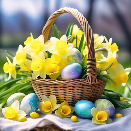 Easter basket with Easter eggs on a green meadow. Daffodils are blooming yellow. Easter generated with AI. illustrationの素材