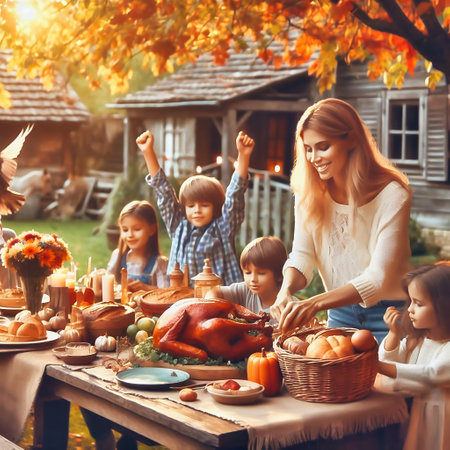 Harvest festival with the family. Traditional family celebration. Holiday with food. Celebration in the garden at the wooden table. AI generated imageの写真素材