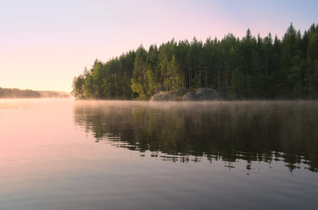 Lake in Sweden at sunrise with romantic light, blue water and trees on the shore. Scandinavian nature in the northの写真素材
