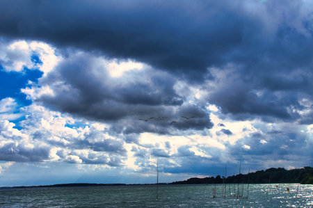 Stormy sky over a lake. Dark clouds contrast with rays of sunlight that make the water sparkle. Four birds fly in the foreground.の写真素材