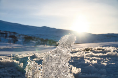 Ice crystals in a snow-covered landscape in the high mountains of Norway. Scandinaviaの写真素材