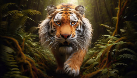 A majestic tiger strides through a dense, green jungle, surrounded by lush vegetation and mystical light that permeates the scene.の素材