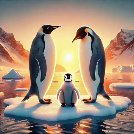 A penguin family portrait at sunset. Two adult penguins and a chick stand on an ice float, surrounded by a majestic polar landscape.の素材
