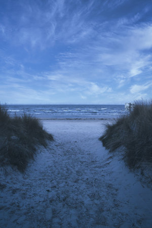 Beach crossing on the island of Usedom to the Baltic Sea. White sand and dune grass. Nature photo from a German islandの写真素材