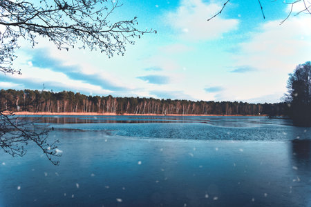A frozen lake with snowflakes in the foreground, surrounded by a wintry forest under a blue sky. Atmospheric nature shot in cold colors.の写真素材