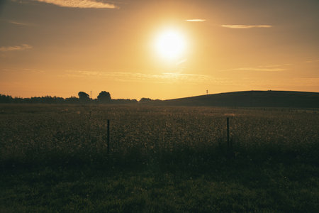 Sunset over a wide field with rolling hills in the background, a wooden fence in the foreground. Warm mood lighting and silhouettes emphasize the landscape.の写真素材