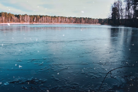 A frozen lake with snowflakes in the foreground, surrounded by a wintry forest under a blue sky. Atmospheric nature shot in cold colors.の写真素材
