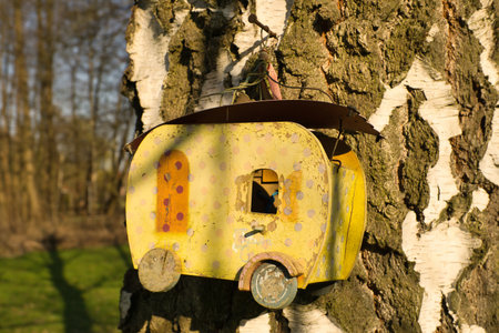 A yellow birdhouse in the shape of a caravan, attached to a tree trunk with white bark, in the sunlight. Ideal for nature and garden lovers.の写真素材