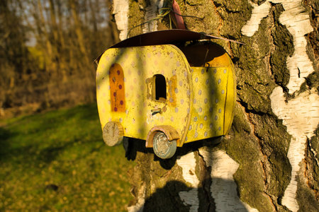 A yellow birdhouse in the shape of a caravan, attached to a tree trunk with white bark, in the sunlight. Ideal for nature and garden lovers.の写真素材