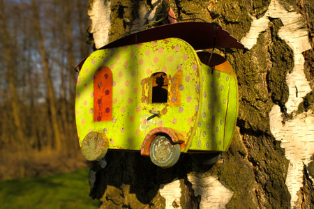 A yellow birdhouse in the shape of a caravan, attached to a tree trunk with white bark, in the sunlight. Ideal for nature and garden lovers.の写真素材