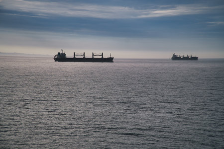 Two cargo ships glide across a calm sea under a clear sky. A minimalist nautical atmosphere with a focus on vastness, transportation, and maritime tranquility.の写真素材