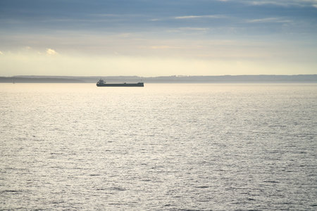 A cargo ship glides across a calm sea under a clear sky. A minimalist nautical atmosphere with a focus on vastness, transportation, and maritime tranquility.の写真素材