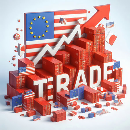 Containers with flags of the USA and the EU. âTRADEâ symbolizes international trade, growth and customs duties. Perfect for business images!の素材