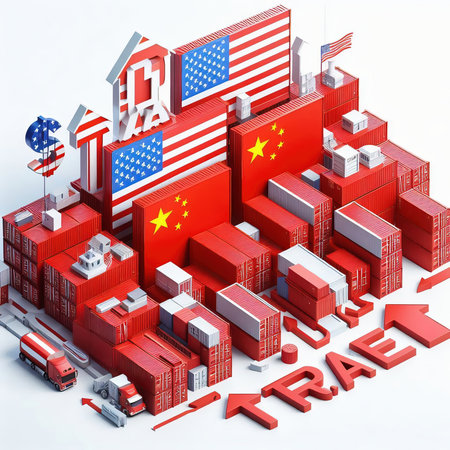 Containers with flags of the USA and China. âTRADEâ symbolizes international trade, growth and customs duties. Perfect for business images!の素材
