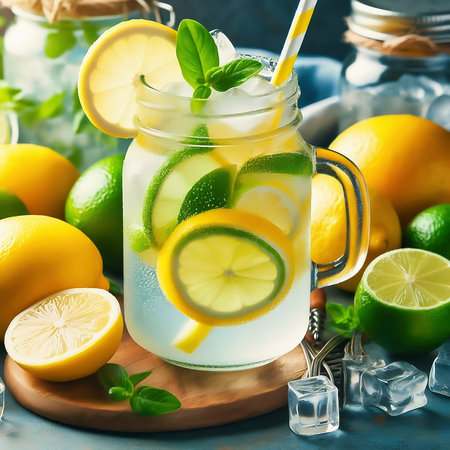 A refreshing glass with lemon and lime slices, mint leaves and a straw, framed by fresh fruit in a sunny garden.の素材
