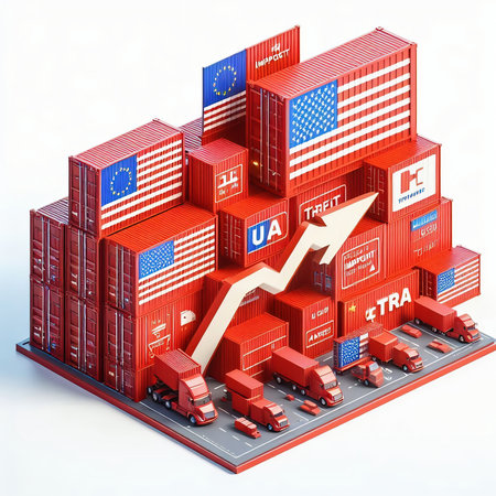 Containers with flags of the USA and the EU. âTRADEâ symbolizes international trade, growth and customs duties. Perfect for business images!の素材