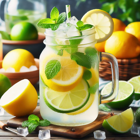 A refreshing glass with lemon and lime slices, mint leaves and a straw, framed by fresh fruit in a sunny garden.の素材