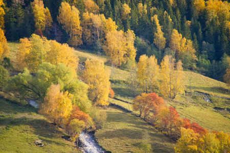 Autumn landscape with colorful deciduous trees in yellow, orange, and red, rolling hills, and a small stream that winds picturesquely through the valley.の写真素材