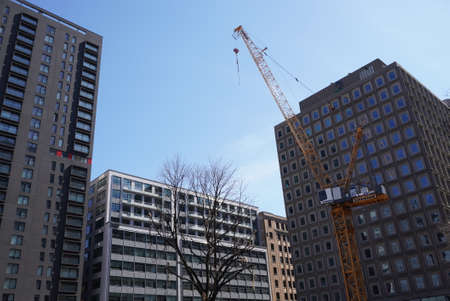 Montreal, Quebec / Canada - April 25, 2020: A crane in downtown Montreal.