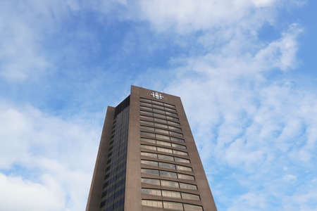 Montreal, Quebec / Canada - May 01, 2020: Radio-Canada building behind a blue sky.