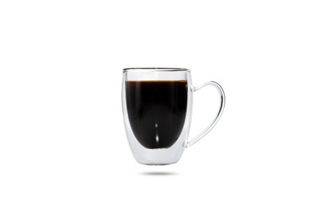 black coffee in transparent cup isolated on white backgroundの写真素材