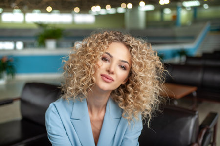 portrait of a beautiful young girl sitting at the airport looking at the camera and smilingの写真素材