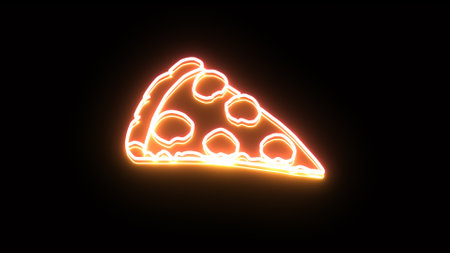 neon slice of pizza isolated on black backgroundの写真素材