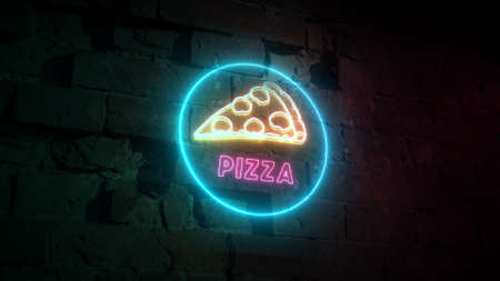 Pizza neon sign on brick wall background, design element, illuminated banner, advertising neon sign, night advertisement. copy spaceの写真素材