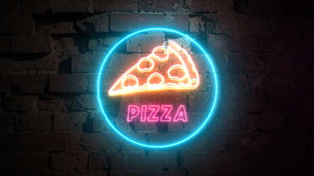 Pizza neon sign on brick wall background, design element, illuminated banner, advertising neon sign, night advertisement. copy spaceの写真素材