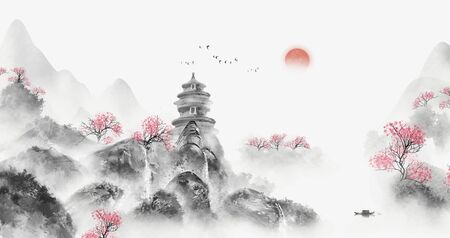 Chinese feng shui ink landscape paintingの写真素材