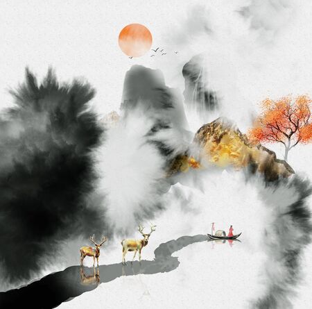 Chinese feng shui ink landscape paintingの写真素材