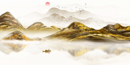 Chinese style artistic conception golden abstract landscape  paintingの写真素材