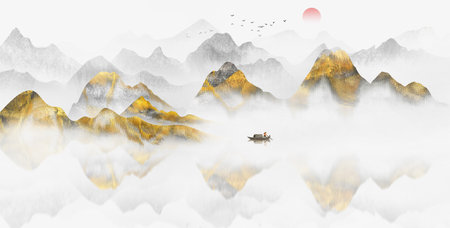 Chinese style artistic conception golden abstract landscape paintingの写真素材