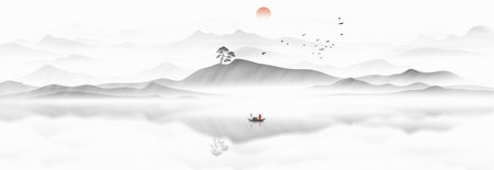 Chinese Feng Shui Ink Artistic Conception Landscape Decorative Paintingの写真素材