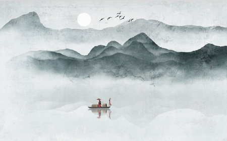 New Chinese Blue Ink Artistic Conception Landscape Paintingの写真素材