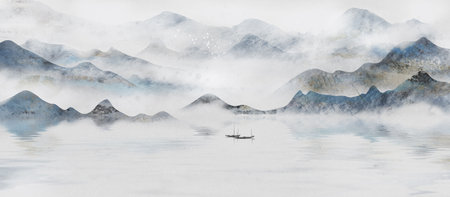 New Chinese Blue Ink Artistic Conception Landscape Paintingの写真素材