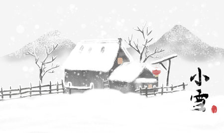 Ink wind winter snow scene ink solar terms landscape illustrationの写真素材