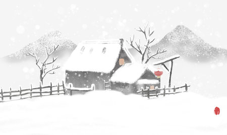 Chinese ink and wash wind winter solar terms landscape illustrationの写真素材