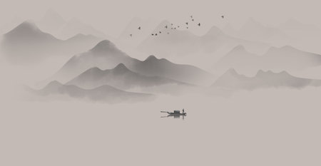Chinese Fengshui Ink Landscape Decorative Paintingの写真素材