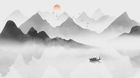 Chinese Feng Shui Ink Landscape Background Decorative Paintingの写真素材