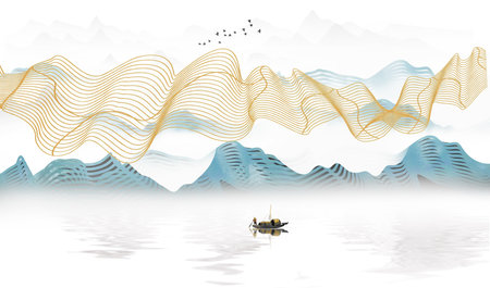 New Chinese style abstract golden line ink landscape paintingの写真素材