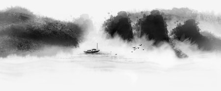 Chinese Feng Shui Ink Landscape Background Decorative Paintingの写真素材