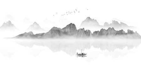 Chinese Feng Shui Ink Landscape Background Decorative Paintingの写真素材