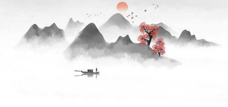 Chinese style ink painting landscape backgroundの写真素材