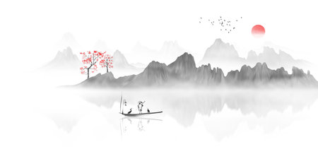 Chinese style ink painting landscape backgroundの写真素材