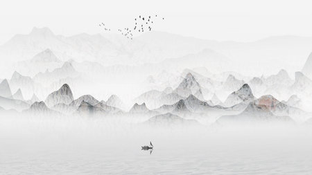 Chinese Feng Shui Ink Artistic Conception Landscape Decorative Paintingの写真素材
