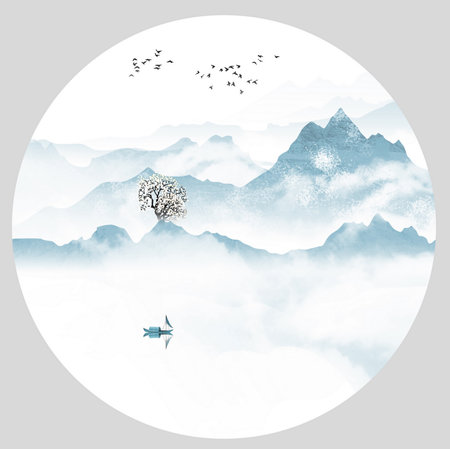 New Chinese Blue Ink Artistic Conception Landscape Paintingの写真素材