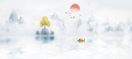 New Chinese Blue Ink Artistic Conception Landscape Paintingの写真素材